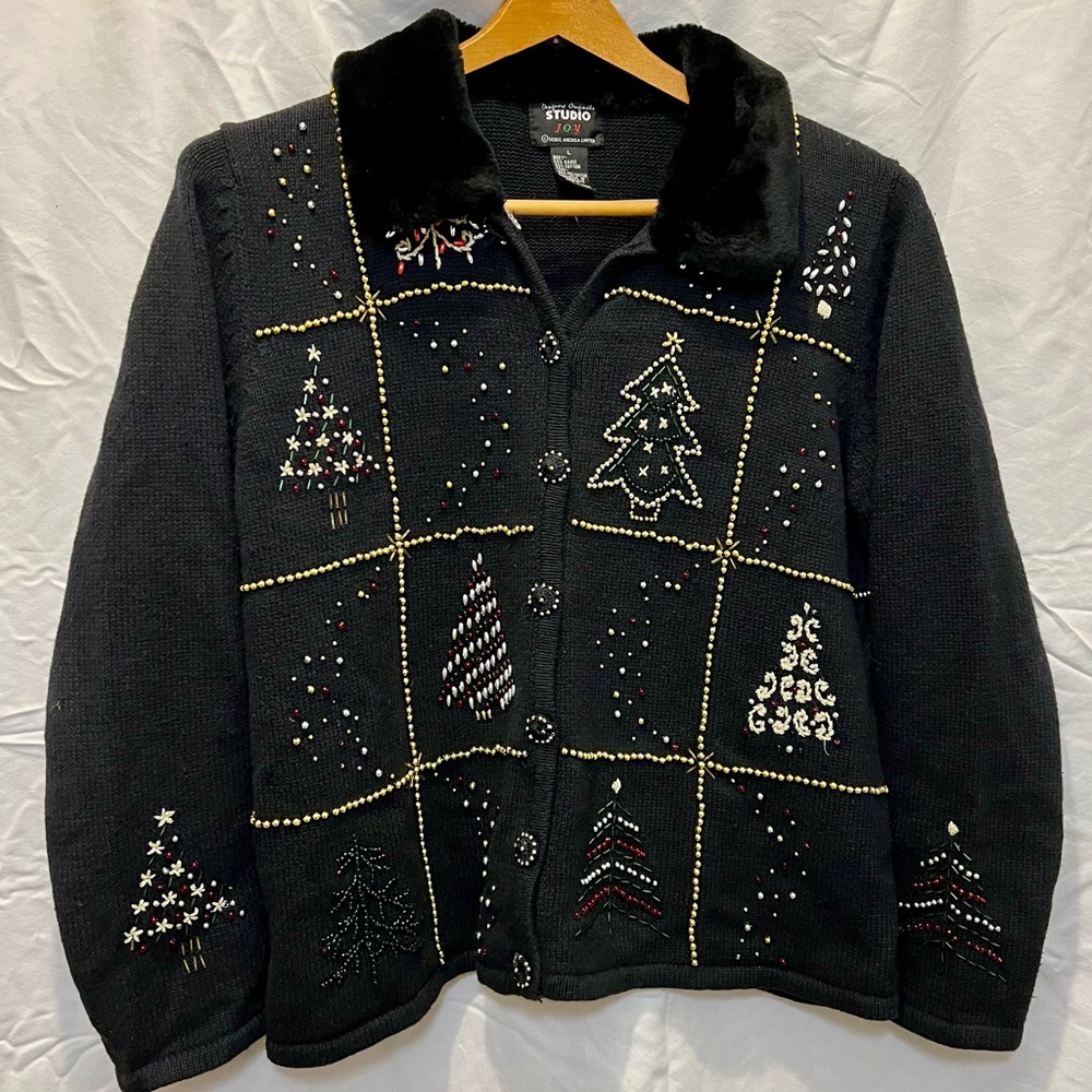 Designers Originals Studio Joy Beaded Ugly Christmas Sweater with Fur Collar L